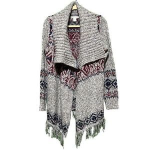 Kaisely Anthro Argyle Wool Blend Fringe Hem Rib Knit Cardigan Sweater Gray Large